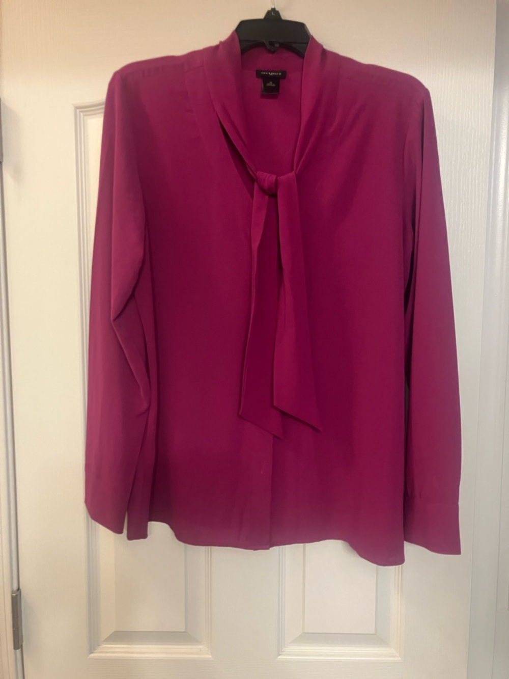 Ann Taylor Magenta Tie-Neck Long Sleeve Blouse